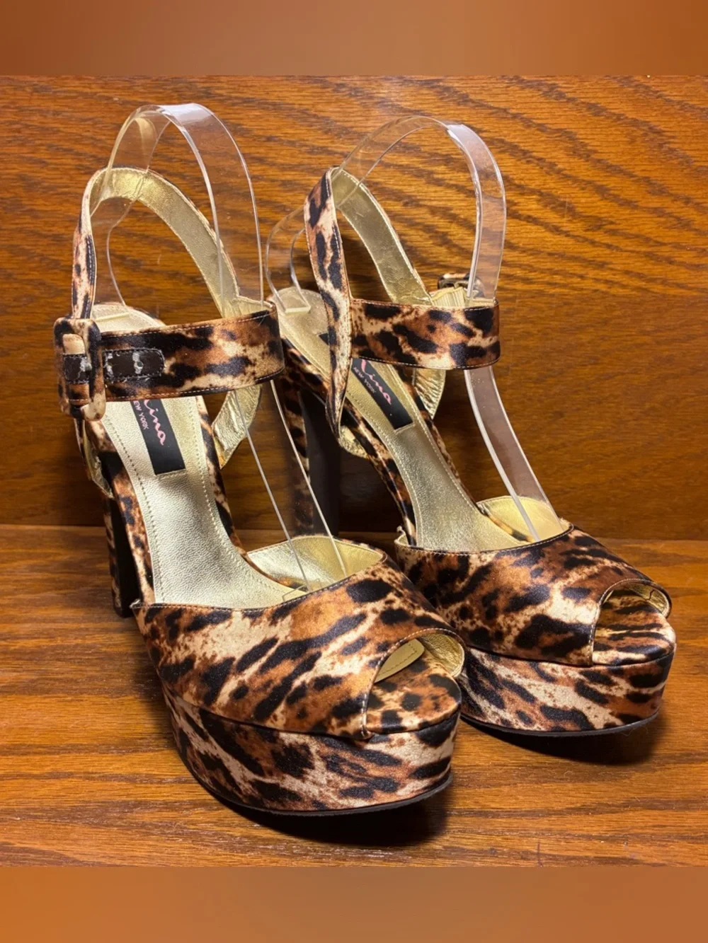 Nina Leopard Print Satin Ankle Strap Platform Open Toe Heels Tan Brown Size 9.5